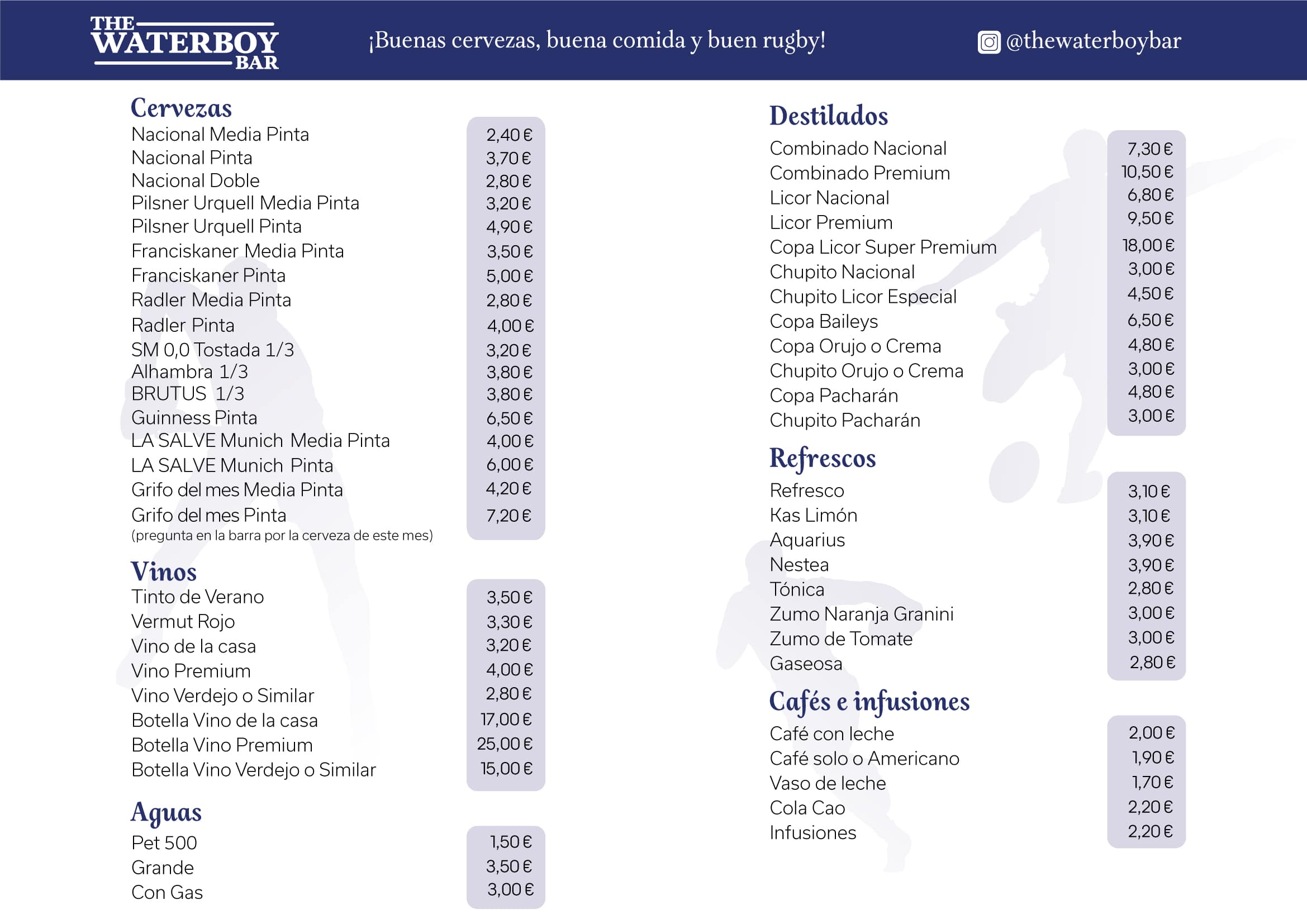 Carta de bebidas 2026 de The Waterboy Sports Bar Madrid