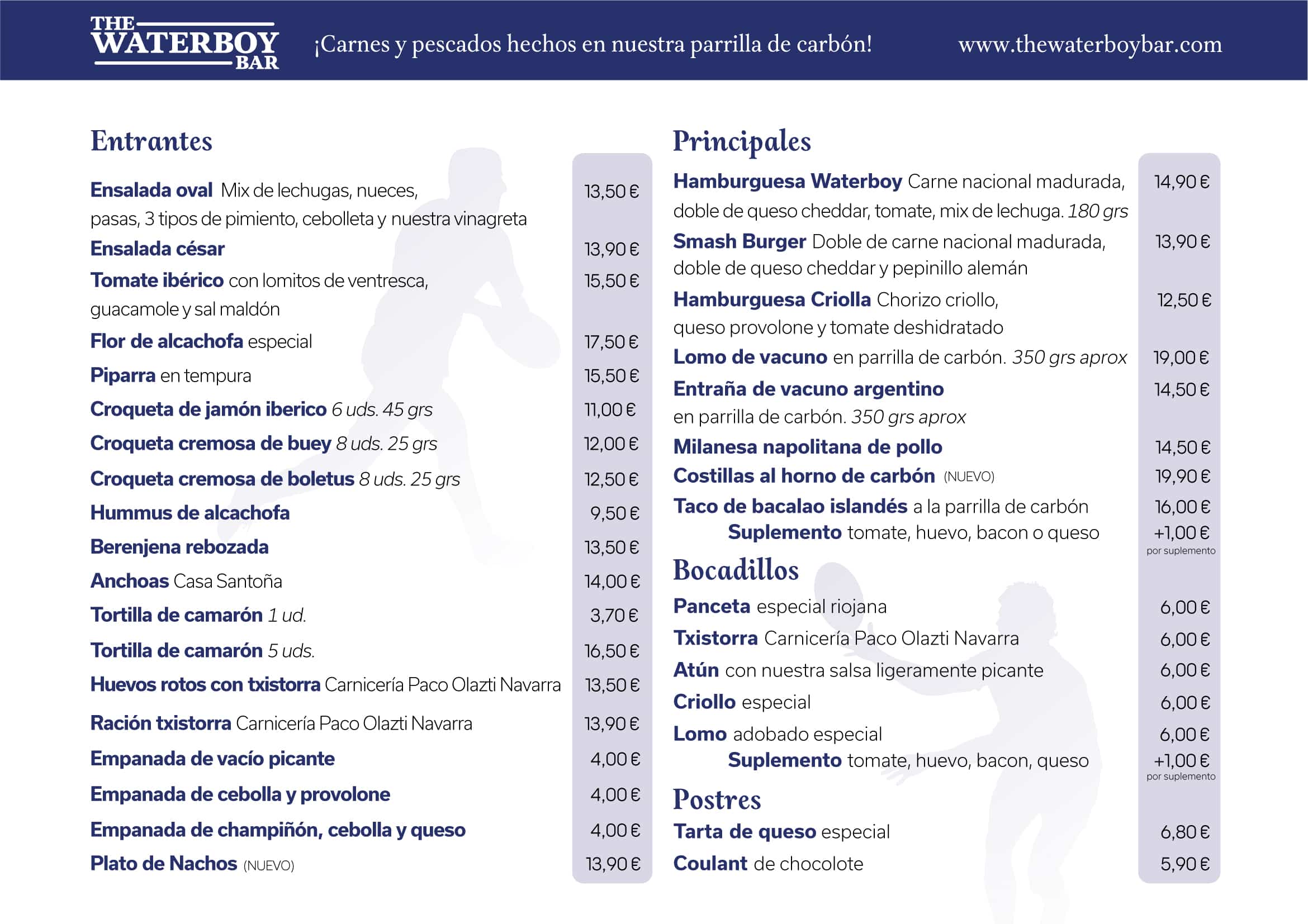 Carta de comida 2026 de The Waterboy Sports Bar Madrid